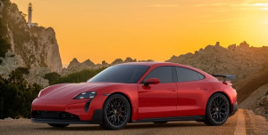 porsche taycan turbo gt red on road