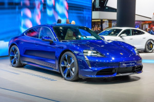 blue PORSCHE TAYCAN TURBO S in display